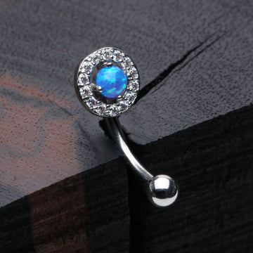 Detail View 1 of Brilliant Sparkle Gems Fire Opal Prong Set Curved Barbell-Blue Opal